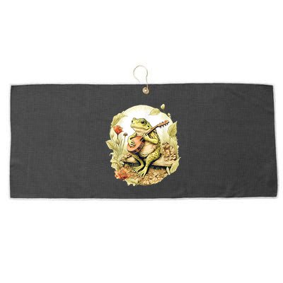 Frog Playing Banjo On Log Large Microfiber Waffle Golf Towel