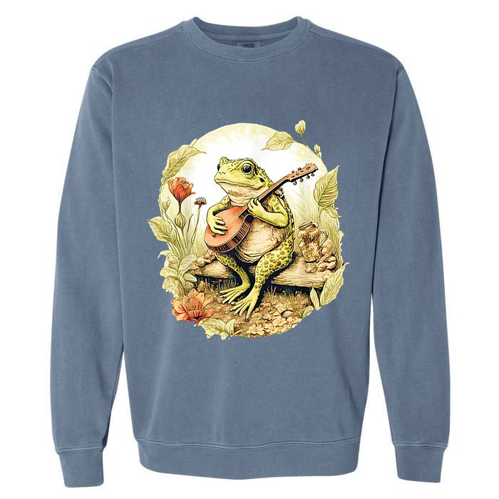 Frog Playing Banjo On Log Garment-Dyed Sweatshirt