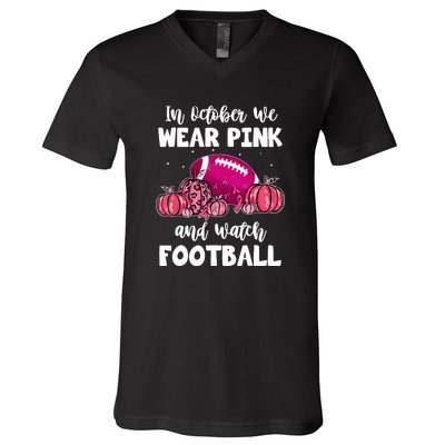 Football Pumpkin Breast Cancer In October We Wear Pink Gift V-Neck T-Shirt