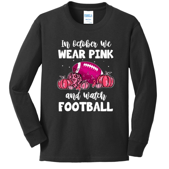 Football Pumpkin Breast Cancer In October We Wear Pink Gift Kids Long Sleeve Shirt