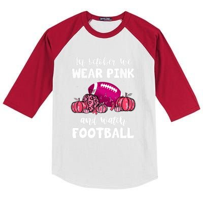 Football Pumpkin Breast Cancer In October We Wear Pink Gift Kids Colorblock Raglan Jersey