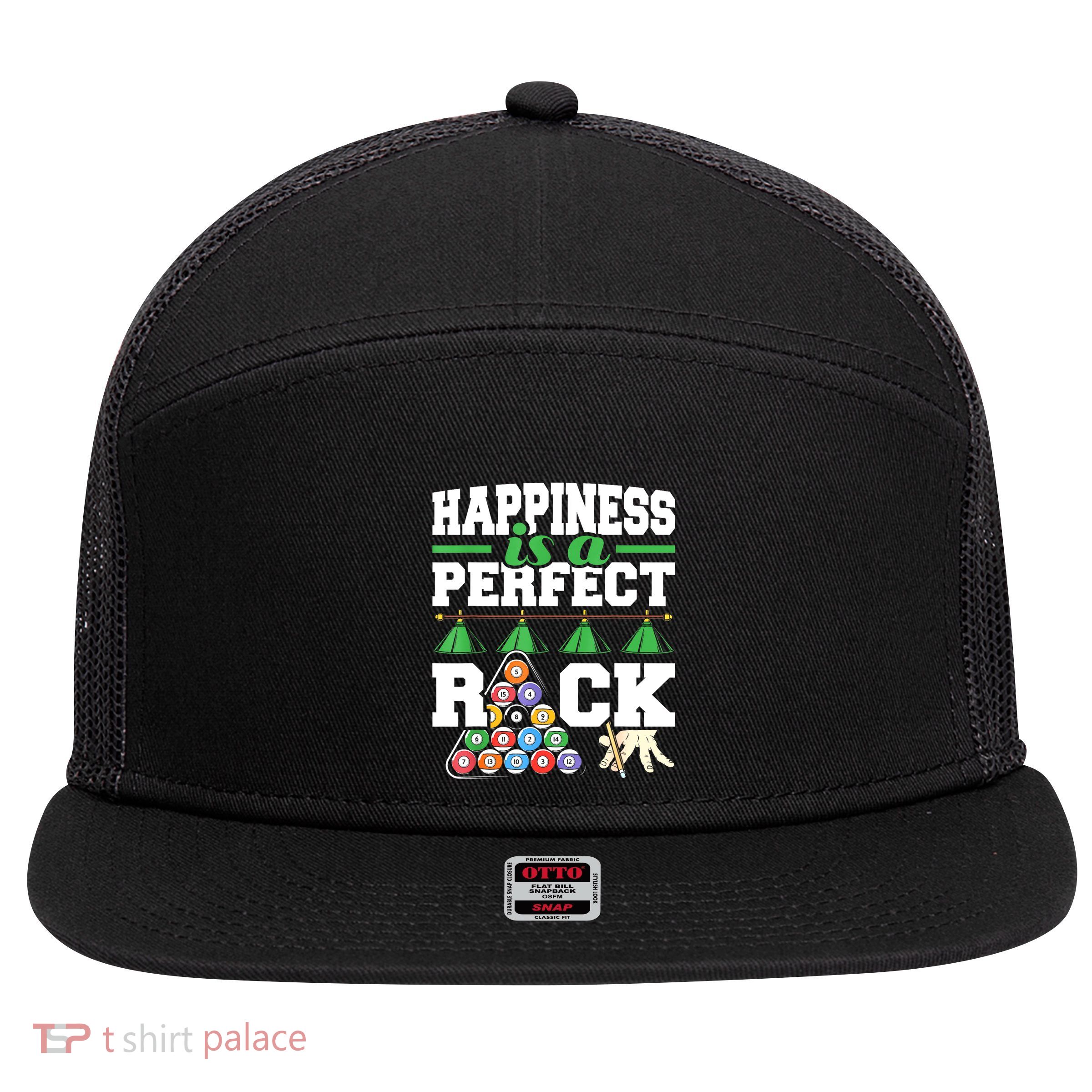 Funny Pool Billiard Player Happiness Is A Perfect Rack Gift 7 Panel Mesh Trucker Snapback Hat
