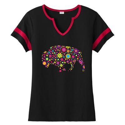 Flower Patterns Bison Buffalo Funny Ladies Halftime Notch Neck Tee