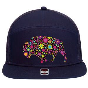 Flower Patterns Bison Buffalo Funny 7 Panel Mesh Trucker Snapback Hat