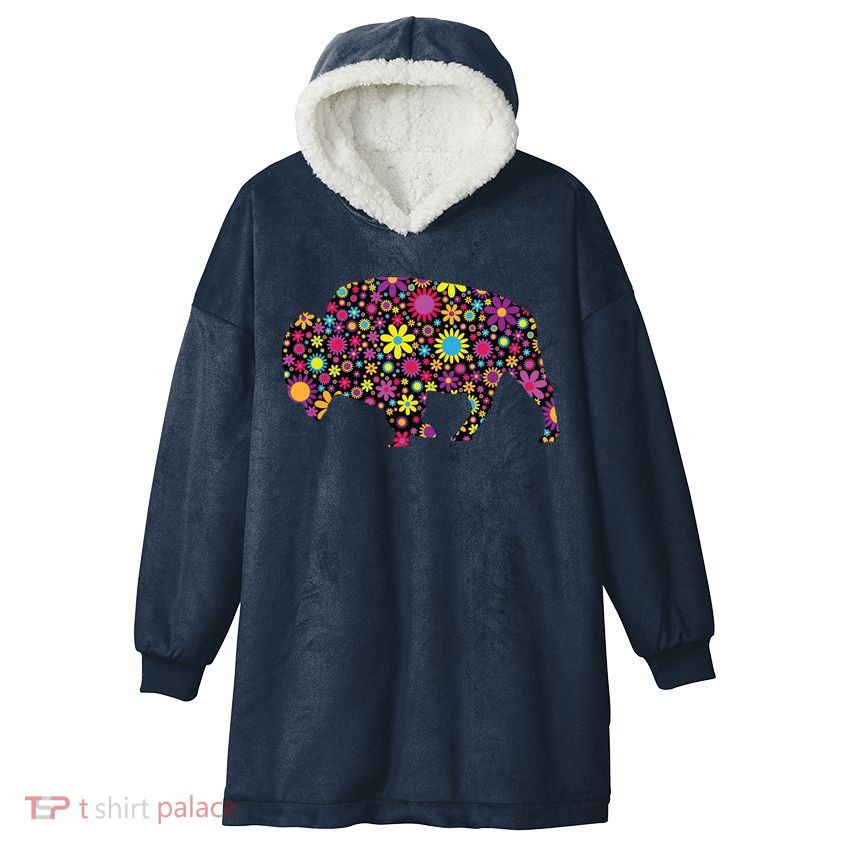 Flower Patterns Bison Buffalo Funny Hooded Wearable Blanket