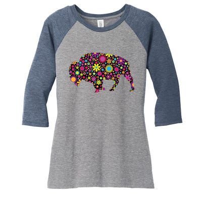 Flower Patterns Bison Buffalo Funny Women's Tri-Blend 3/4-Sleeve Raglan Shirt