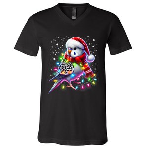 Funny Parakeet Christmas Tree Lights Xmas Parrot Lover V-Neck T-Shirt