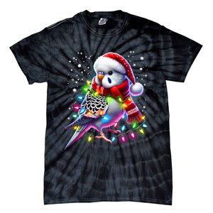 Funny Parakeet Christmas Tree Lights Xmas Parrot Lover Tie-Dye T-Shirt