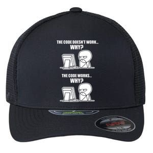 Funny Programmer Code Works Why Meme Tee Flexfit Unipanel Trucker Cap