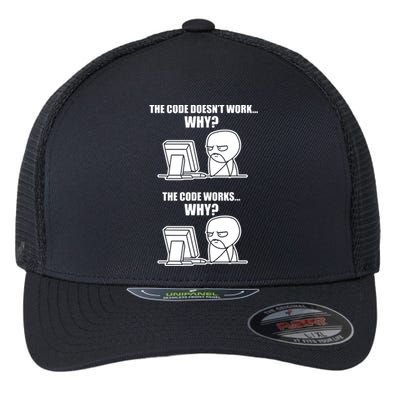 Funny Programmer Code Works Why Meme Tee Flexfit Unipanel Trucker Cap