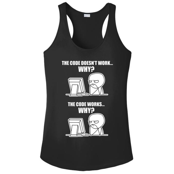 Funny Programmer Code Works Why Meme Tee Ladies PosiCharge Competitor Racerback Tank