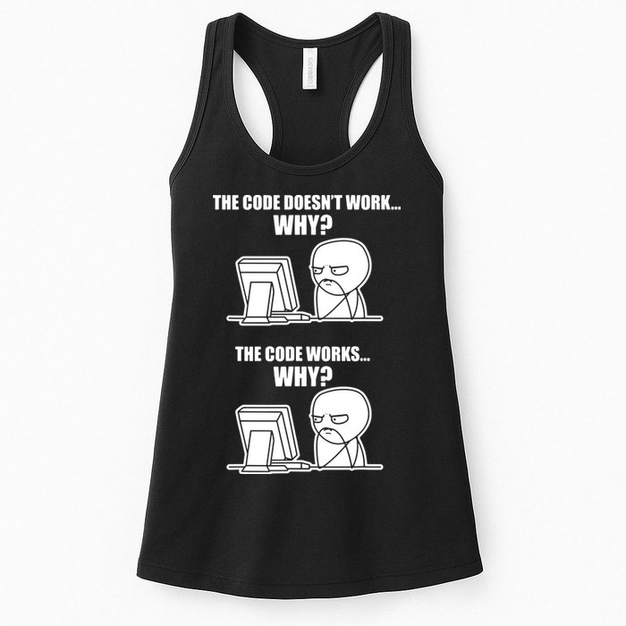 Funny Programmer Code Works Why Meme Tee Women's Racerback Tank
