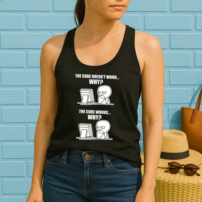 Funny Programmer Code Works Why Meme Tee Women's Racerback Tank