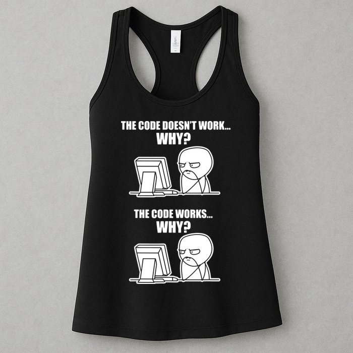 Funny Programmer Code Works Why Meme Tee Women's Racerback Tank