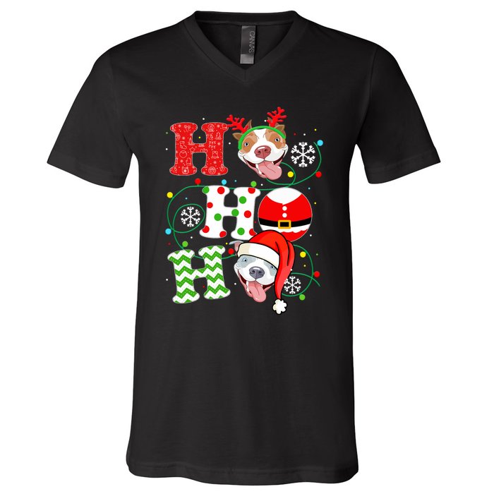 Funny Pitbull Christmas Ho Ho Ho Gift Dog Lover Xmas Long Sleeve V-Neck T-Shirt