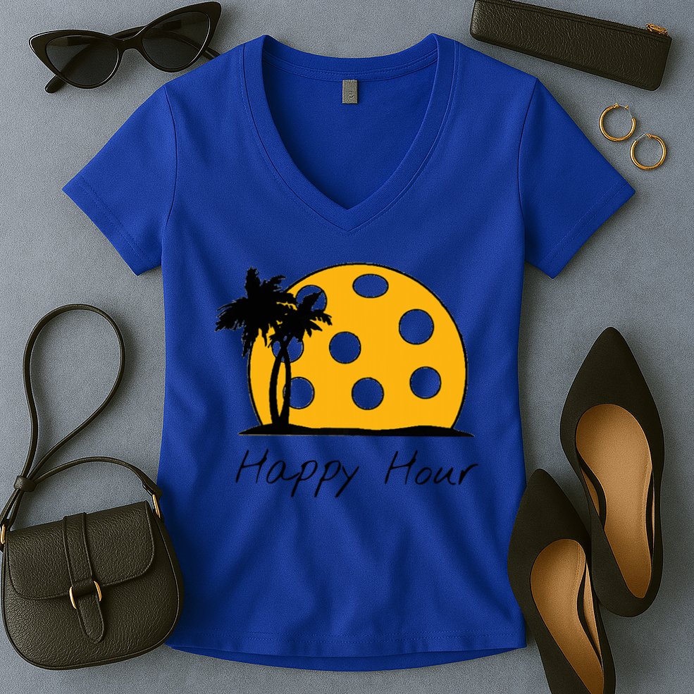 Fun Pickleball Cute Gift Happy Hour W/ Huge Pickleball Sunset Cute Gift Women's V-Neck T-Shirt