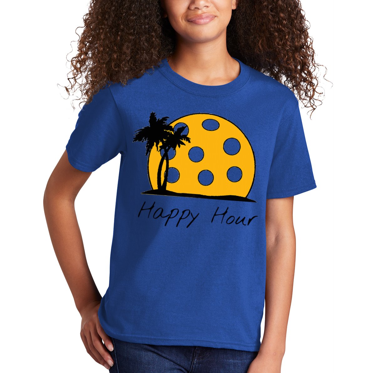Fun Pickleball Cute Gift Happy Hour W/ Huge Pickleball Sunset Cute Gift Kids T-Shirt