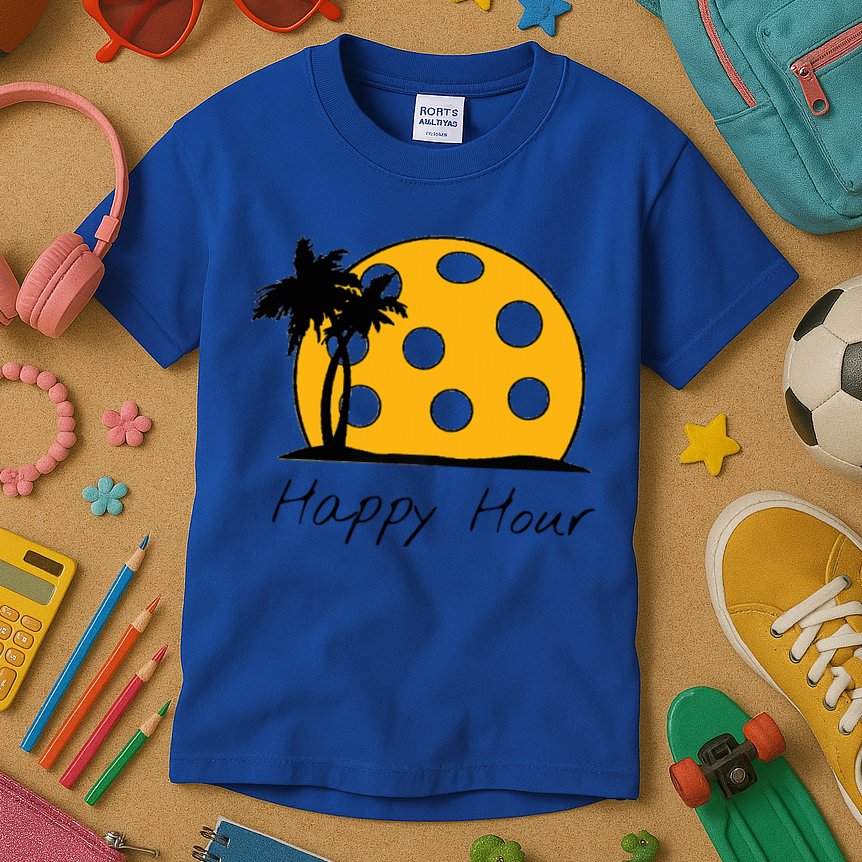 Fun Pickleball Cute Gift Happy Hour W/ Huge Pickleball Sunset Cute Gift Kids T-Shirt