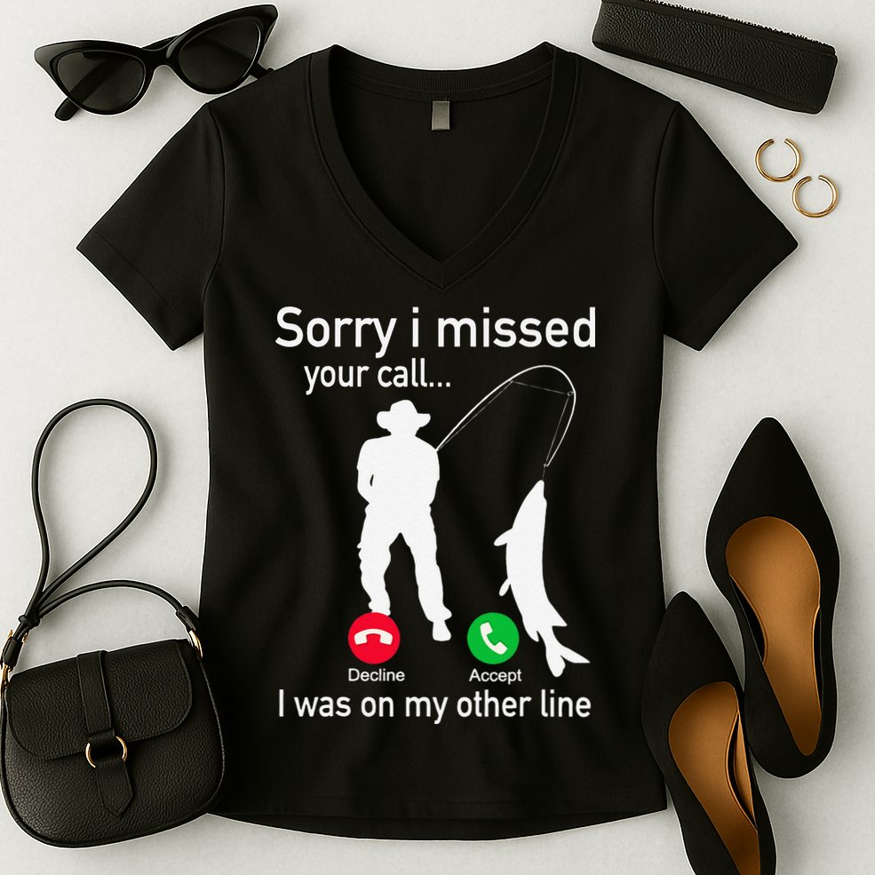 Fishing Phone Call With Fishing Line Funny Fish Fisherman Women's V-Neck T-Shirt