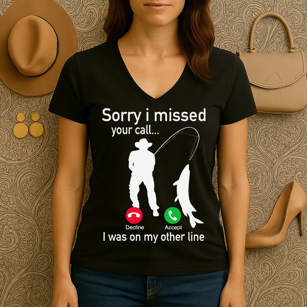 Fishing Phone Call With Fishing Line Funny Fish Fisherman Women's V-Neck T-Shirt