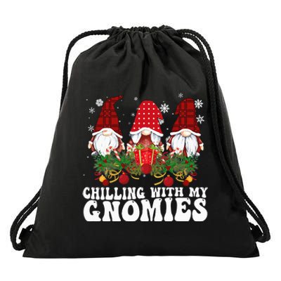 Festive Plaid Christmas Gnomes Spread Holiday Cheer Drawstring Bag