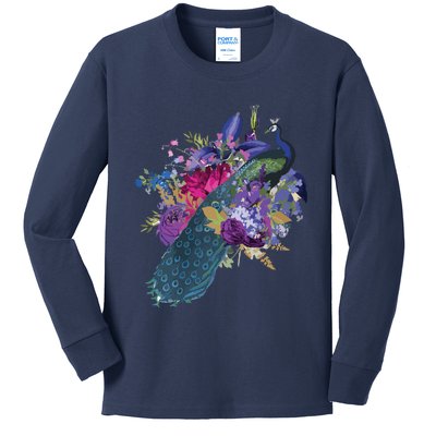 Floral Peacock Colorful Peacocks Boho Style Kids Long Sleeve Shirt