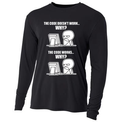 Funny Programmer Code Works Why Meme Tee Cooling Performance Long Sleeve Crew