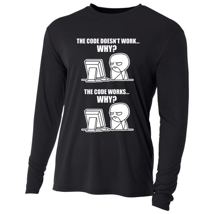 Funny Programmer Code Works Why Meme Tee Cooling Performance Long Sleeve Crew
