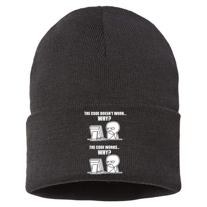 Funny Programmer Code Works Why Meme Tee Sustainable Knit Beanie