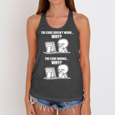 Funny Programmer Code Works Why Meme Tee Women's Knotted Racerback Tank
