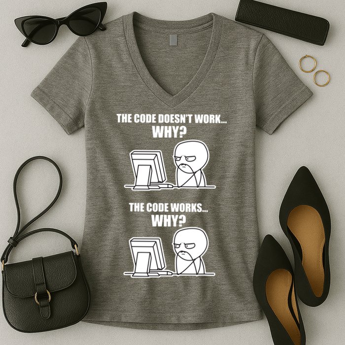 Funny Programmer Code Works Why Meme Tee Women's V-Neck T-Shirt