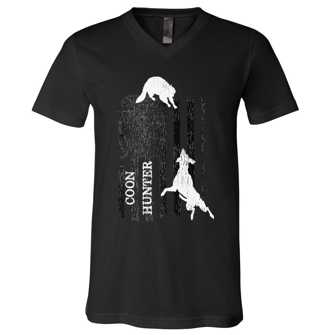 Funny Patriotic Coon Hunting Dogs American Flag Gift V-Neck T-Shirt