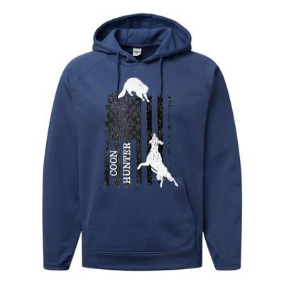 Funny Patriotic Coon Hunting Dogs American Flag Gift Performance Fleece Hoodie