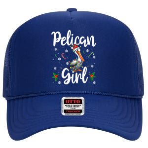 Funny Pelican Christmas Santa Hat Lights Snowflakes Gift High Crown Mesh Back Trucker Hat