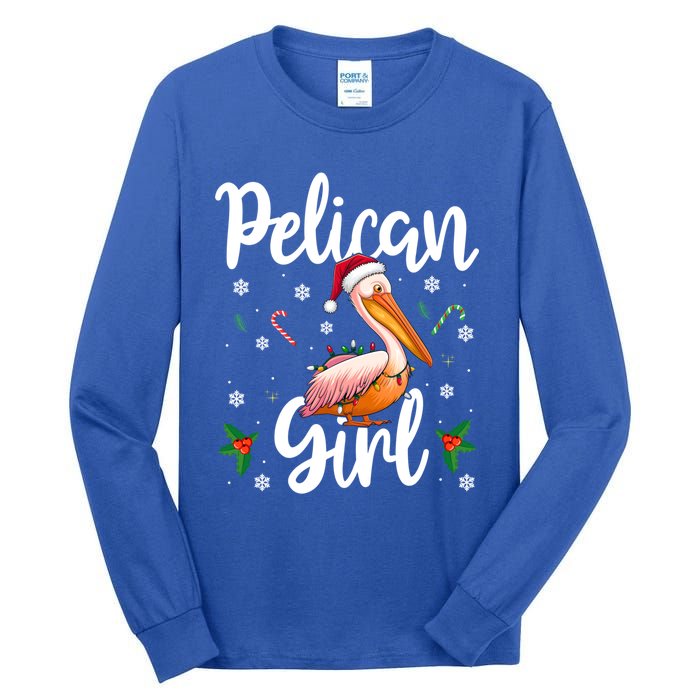 Funny Pelican Christmas Santa Hat Lights Snowflakes Gift Tall Long Sleeve T-Shirt