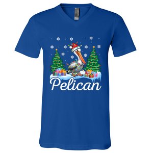 Funny Pelican Christmas Tree Snowflakes Santa Hat Lights Gift V-Neck T-Shirt