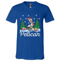 Funny Pelican Christmas Tree Snowflakes Santa Hat Lights Gift V-Neck T-Shirt