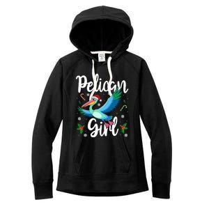 Funny Pelican Christmas Santa Hat Lights Snowflakes Gift Women's Fleece Hoodie