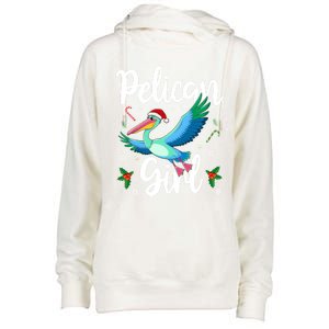 Funny Pelican Christmas Santa Hat Lights Snowflakes Gift Womens Funnel Neck Pullover Hood