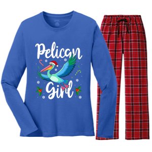 Funny Pelican Christmas Santa Hat Lights Snowflakes Gift Women's Long Sleeve Flannel Pajama Set 