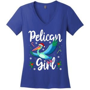 Funny Pelican Christmas Santa Hat Lights Snowflakes Gift Women's V-Neck T-Shirt