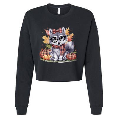 Fall Pumpkin Cute Wolf Fall Autumn Thanksgiving Cropped Pullover Crew