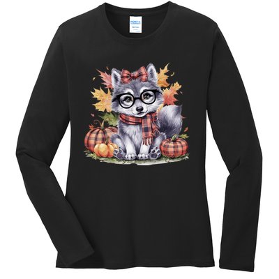 Fall Pumpkin Cute Wolf Fall Autumn Thanksgiving Ladies Long Sleeve Shirt