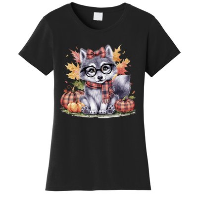 Fall Pumpkin Cute Wolf Fall Autumn Thanksgiving Women's T-Shirt