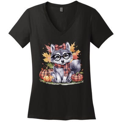 Fall Pumpkin Cute Wolf Fall Autumn Thanksgiving Women's V-Neck T-Shirt