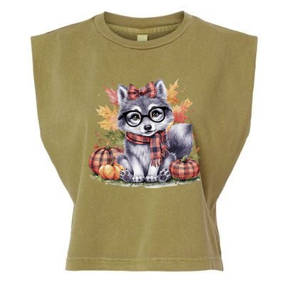 Fall Pumpkin Cute Wolf Fall Autumn Thanksgiving Garment-Dyed Women's Muscle Tee