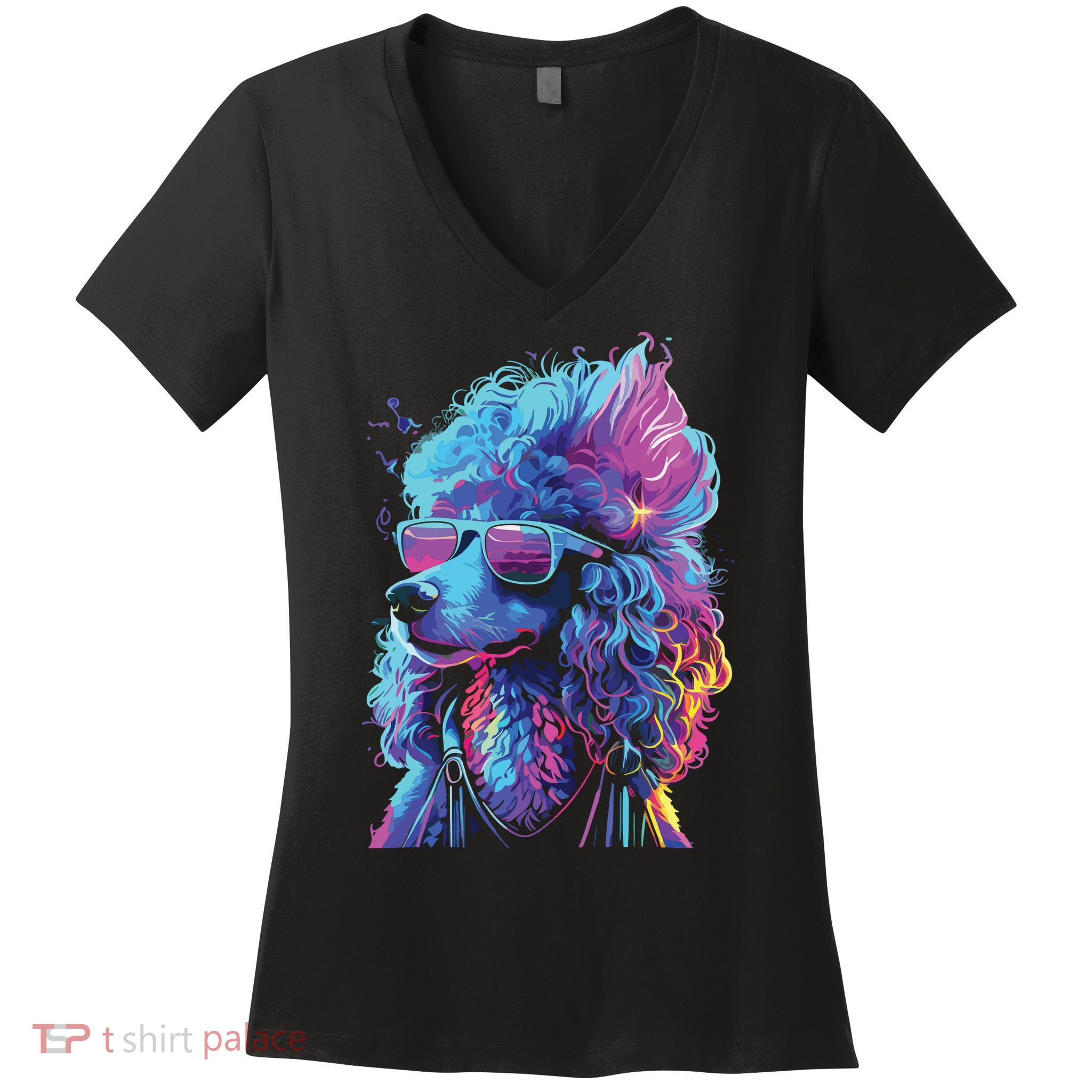 Funny Poodle Colorful Poodle Wearing Sunglasses Women's V-Neck T-Shirt