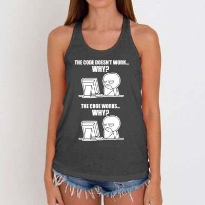 Funny Programmer Code Works Why Meme Tee Women's Knotted Racerback Tank