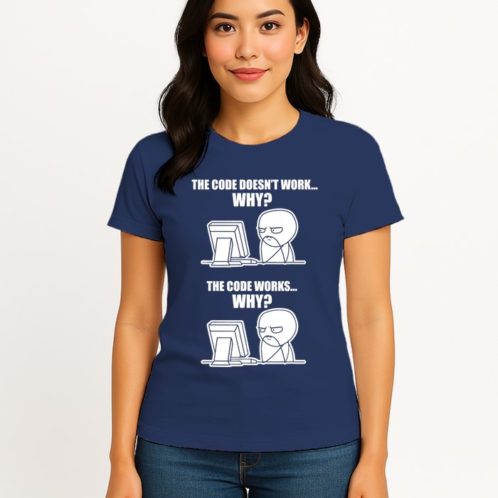 Funny Programmer Code Works Why Meme Tee Womens T-Shirt