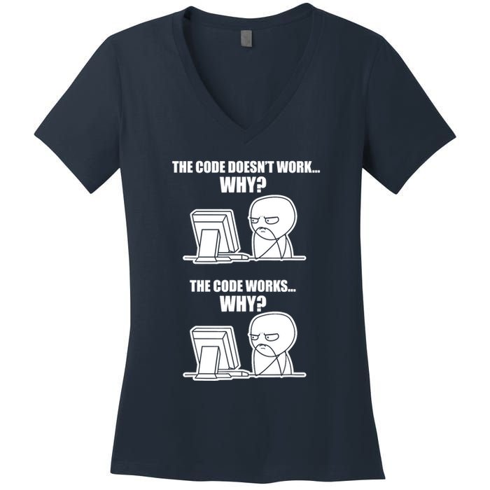 Funny Programmer Code Works Why Meme Tee Women's V-Neck T-Shirt